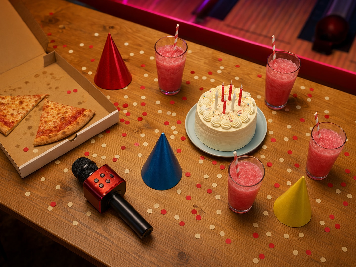 Bursdagsrommet i Pøbben — bord pyntet med ballonger og slush i glassene