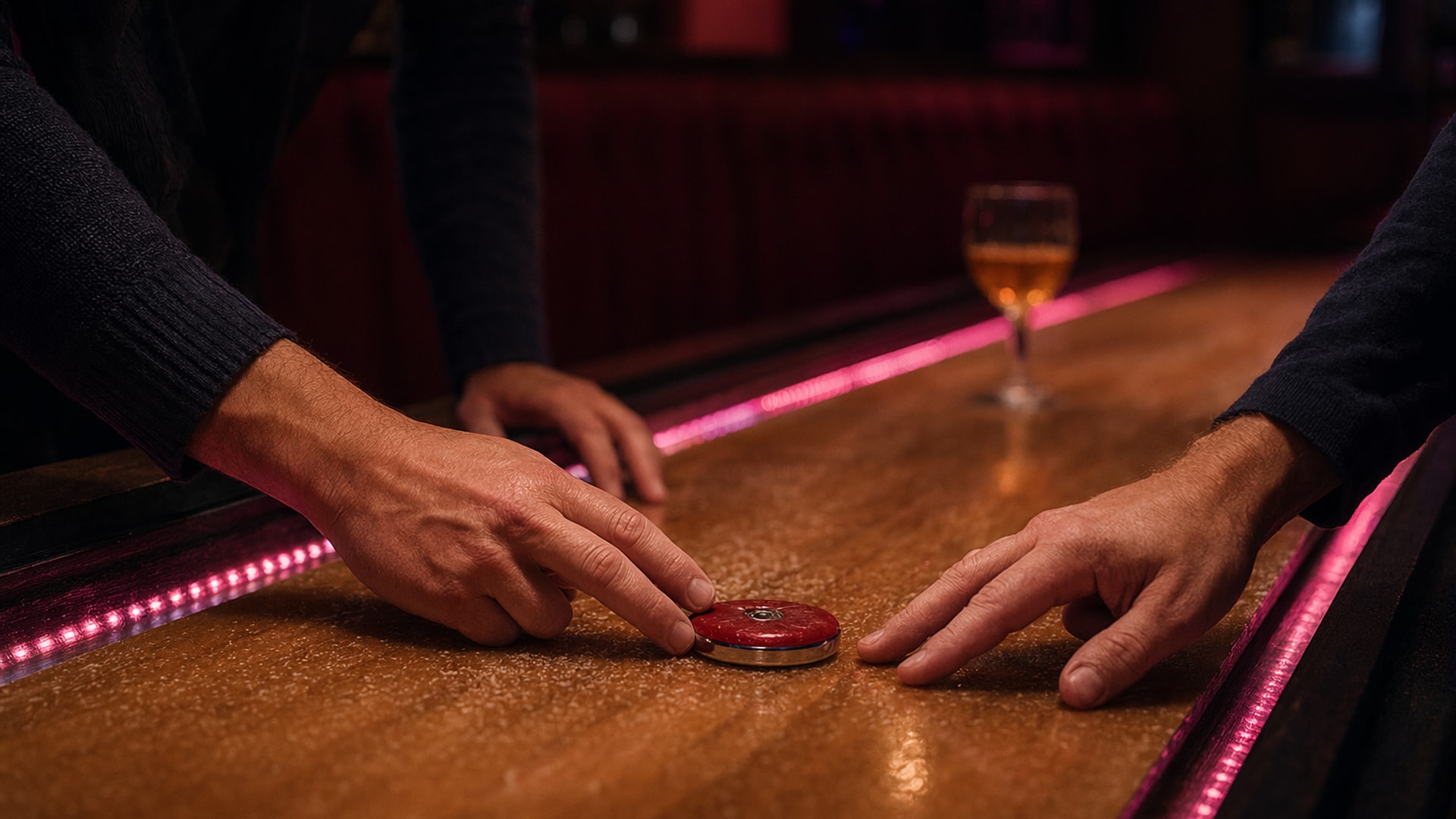 Shuffleboard-bord hos Sartor Bowling — lange treplater med røde og blå brikker